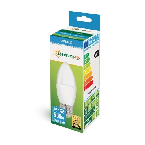 Produkt polecany - ŻARÓWKA LED 6W ŚWIECZKA 6000K E27 WOJ+13062 SPECTRUMLED